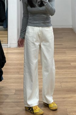 Plus Size Wide-Leg Straight-Leg Jeans for Women - White Loose Fit, Perfect for Pear-Shaped Bodies with Thick Legs and Wide Hips