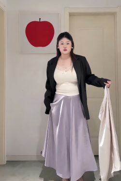 Plus-Size Women's Acetate Satin High-Waisted Midi Skirt - Versatile Solid Color for Spring 2025, Perfect for Curvy Styles