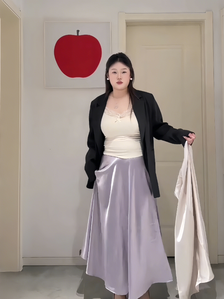 Plus-Size Women's Acetate Satin High-Waisted Midi Skirt - Versatile Solid Color for Spring 2025, Perfect for Curvy Styles Plus-Size Women's Acetate Satin High-Waisted Midi Skirt - Versatile Solid Color for Spring 2025, Perfect for Curvy Styles