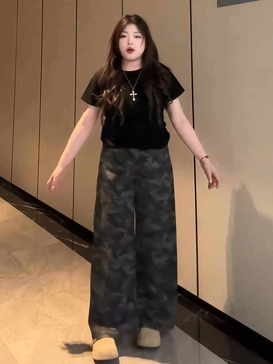 Plus-Size Women's American Retro Camouflage Flared Denim Pants – Summer Wide-Leg Workwear Trousers for a Flattering Fit Plus-Size Women's American Retro Camouflage Flared Denim Pants – Summer Wide-Leg Workwear Trousers for a Flattering Fit