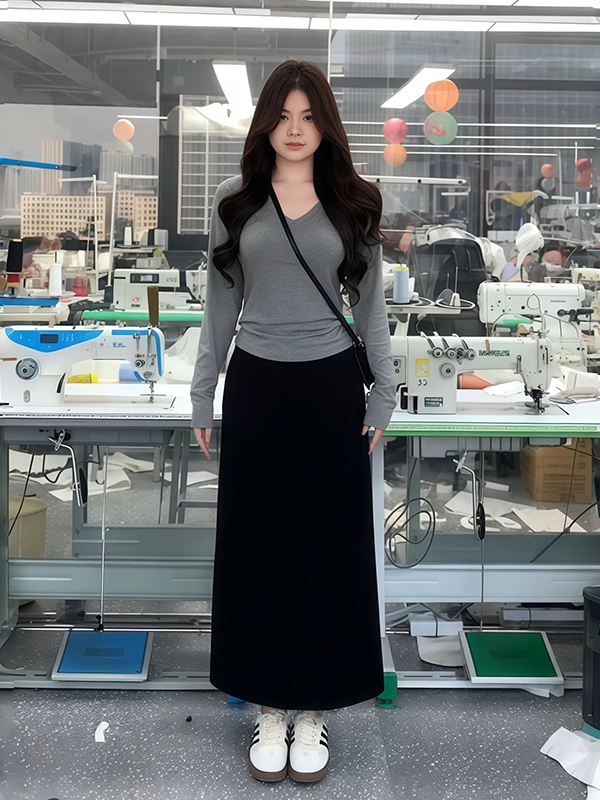 Plus-Size Women's Black High-Waisted Summer Skirt - Flattering Draped Long Design with Slit for Curvy Figures Plus-Size Women's Black High-Waisted Summer Skirt - Flattering Draped Long Design with Slit for Curvy Figures