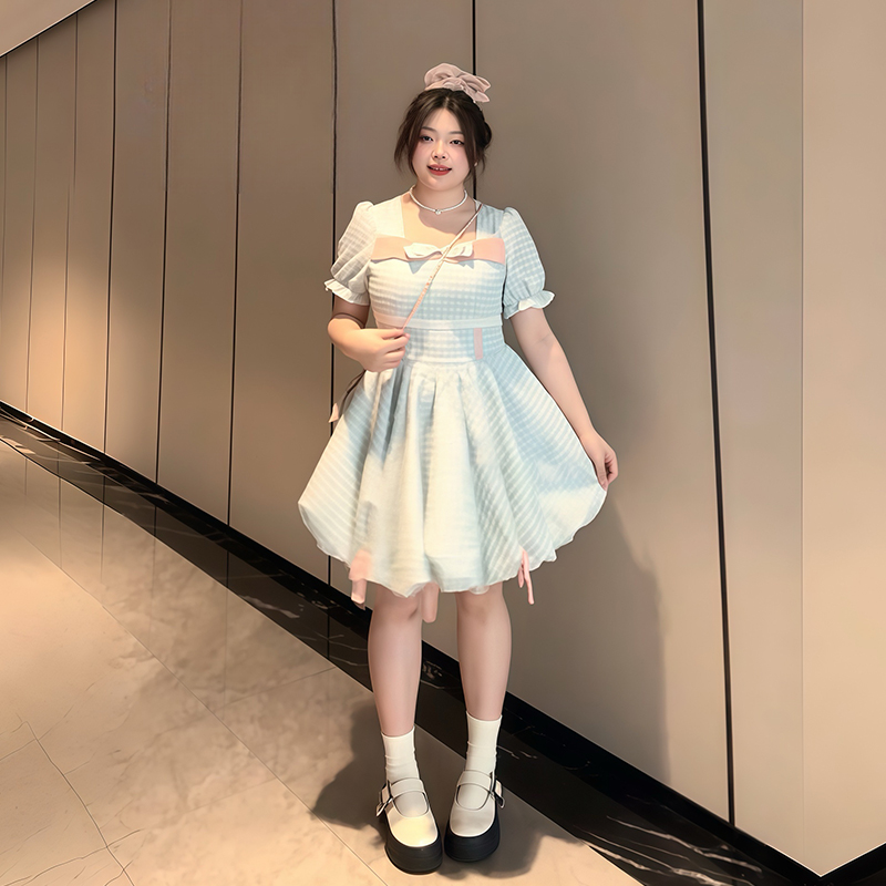 Plus-Size Women's Blue Plaid Short Sleeve Dress with Bow - Flattering Waist-Cinching Design for Summer 2025, Perfect for Curvy Figures Plus-Size Women's Blue Plaid Short Sleeve Dress with Bow - Flattering Waist-Cinching Design for Summer 2025, Perfect for Curvy Figures