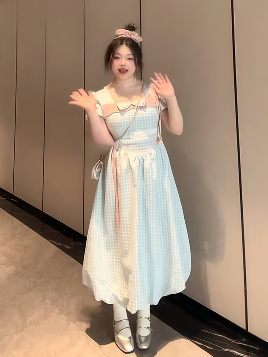 Plus-Size Women's Blue Plaid Short Sleeve Dress with Bow - Flattering Waist-Cinching Design for Summer 2025, Perfect for Curvy Figures Plus-Size Women's Blue Plaid Short Sleeve Dress with Bow - Flattering Waist-Cinching Design for Summer 2025, Perfect for Curvy Figures