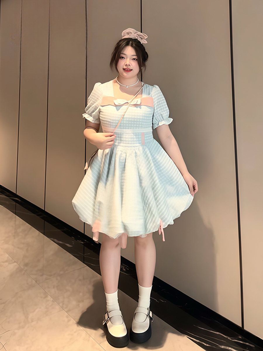 Plus-Size Women's Blue Plaid Short Sleeve Dress with Bow - Flattering Waist-Cinching Design for Summer 2025, Perfect for Curvy Figures Plus-Size Women's Blue Plaid Short Sleeve Dress with Bow - Flattering Waist-Cinching Design for Summer 2025, Perfect for Curvy Figures