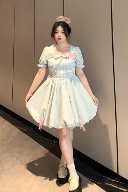 Plus-Size Women's Blue Plaid Short Sleeve Dress with Bow - Flattering Waist-Cinching Design for Summer 2025, Perfect for Curvy Figures