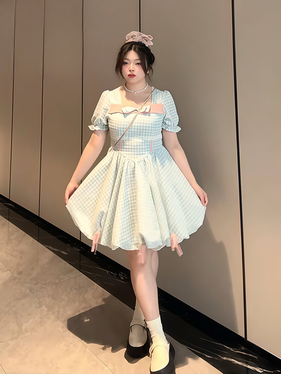 Plus-Size Women's Blue Plaid Short Sleeve Dress with Bow - Flattering Waist-Cinching Design for Summer 2025, Perfect for Curvy Figures Plus-Size Women's Blue Plaid Short Sleeve Dress with Bow - Flattering Waist-Cinching Design for Summer 2025, Perfect for Curvy Figures