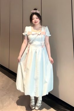 Plus-Size Women's Blue Plaid Short Sleeve Dress with Bow - Flattering Waist-Cinching Design for Summer 2025, Perfect for Curvy Figures