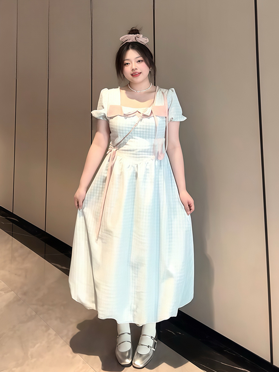 Plus-Size Women's Blue Plaid Short Sleeve Dress with Bow - Flattering Waist-Cinching Design for Summer 2025, Perfect for Curvy Figures Plus-Size Women's Blue Plaid Short Sleeve Dress with Bow - Flattering Waist-Cinching Design for Summer 2025, Perfect for Curvy Figures