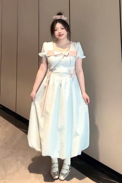 Plus-Size Women's Blue Plaid Short Sleeve Dress with Bow - Flattering Waist-Cinching Design for Summer 2025, Perfect for Curvy Figures