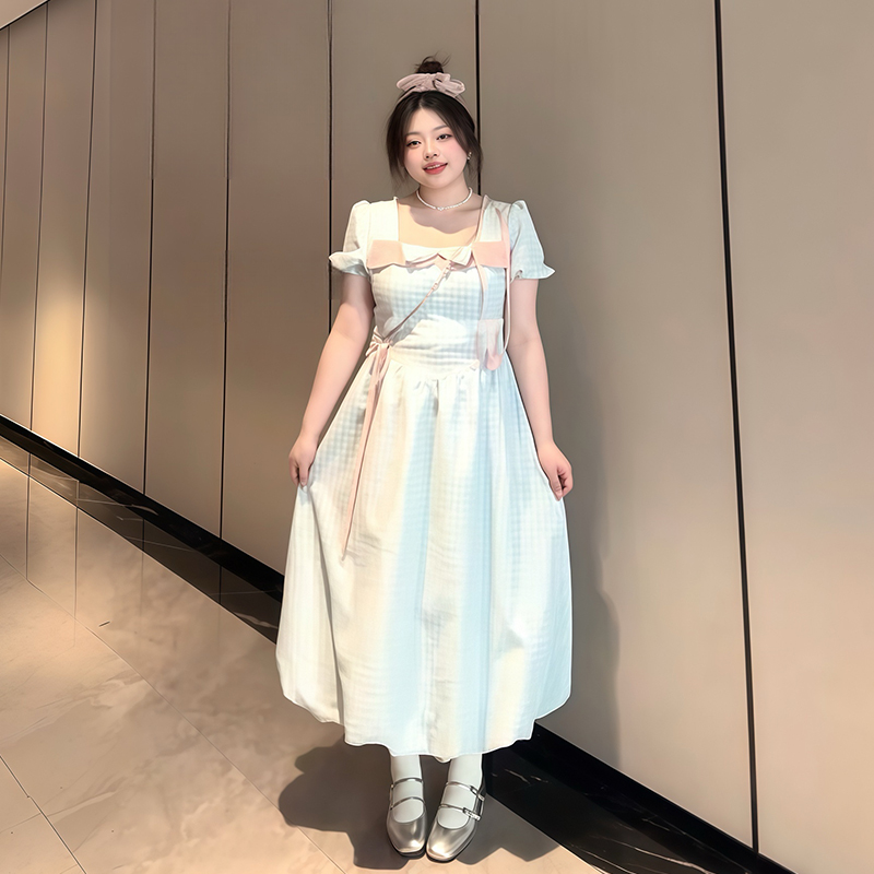 Plus-Size Women's Blue Plaid Short Sleeve Dress with Bow - Flattering Waist-Cinching Design for Summer 2025, Perfect for Curvy Figures Plus-Size Women's Blue Plaid Short Sleeve Dress with Bow - Flattering Waist-Cinching Design for Summer 2025, Perfect for Curvy Figures