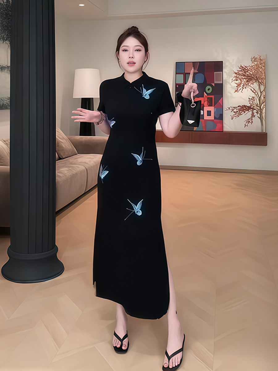 Plus-Size Women's Chinese Style Qipao Long Dress with Butterfly Embroidery, Elegant Split Design for Summer, National Wind Fashion Plus-Size Women's Chinese Style Qipao Long Dress with Butterfly Embroidery, Elegant Split Design for Summer, National Wind Fashion