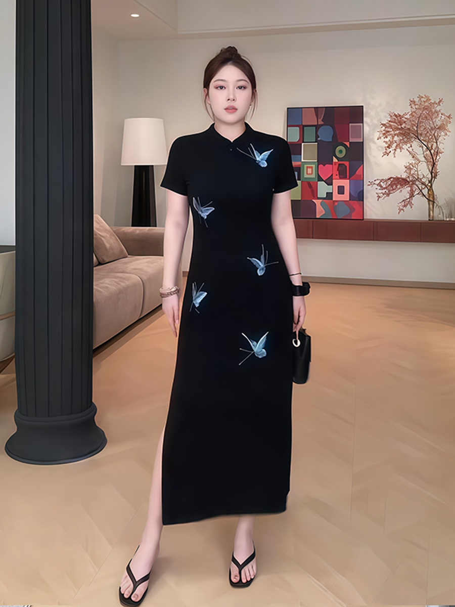 Plus-Size Women's Chinese Style Qipao Long Dress with Butterfly Embroidery, Elegant Split Design for Summer, National Wind Fashion Plus-Size Women's Chinese Style Qipao Long Dress with Butterfly Embroidery, Elegant Split Design for Summer, National Wind Fashion