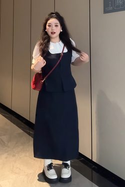 Plus-Size Women's College Style Fake Two-Piece Shirt and Half Skirt Summer Fashion Set for a Flattering Look