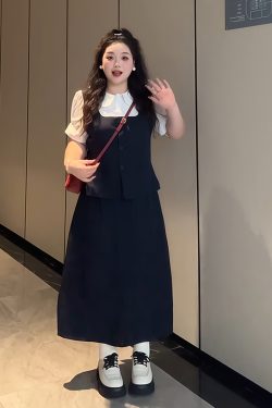 Plus-Size Women's College Style Fake Two-Piece Shirt and Half Skirt Summer Fashion Set for a Flattering Look