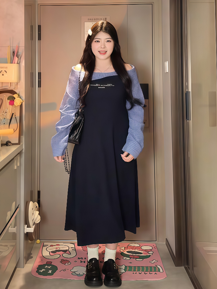 Plus-Size Women's College Style Off-Shoulder Two-Piece Dress, Spring Slimming Design for Curvy Figures, Trendy Niche Fashion Plus-Size Women's College Style Off-Shoulder Two-Piece Dress, Spring Slimming Design for Curvy Figures, Trendy Niche Fashion