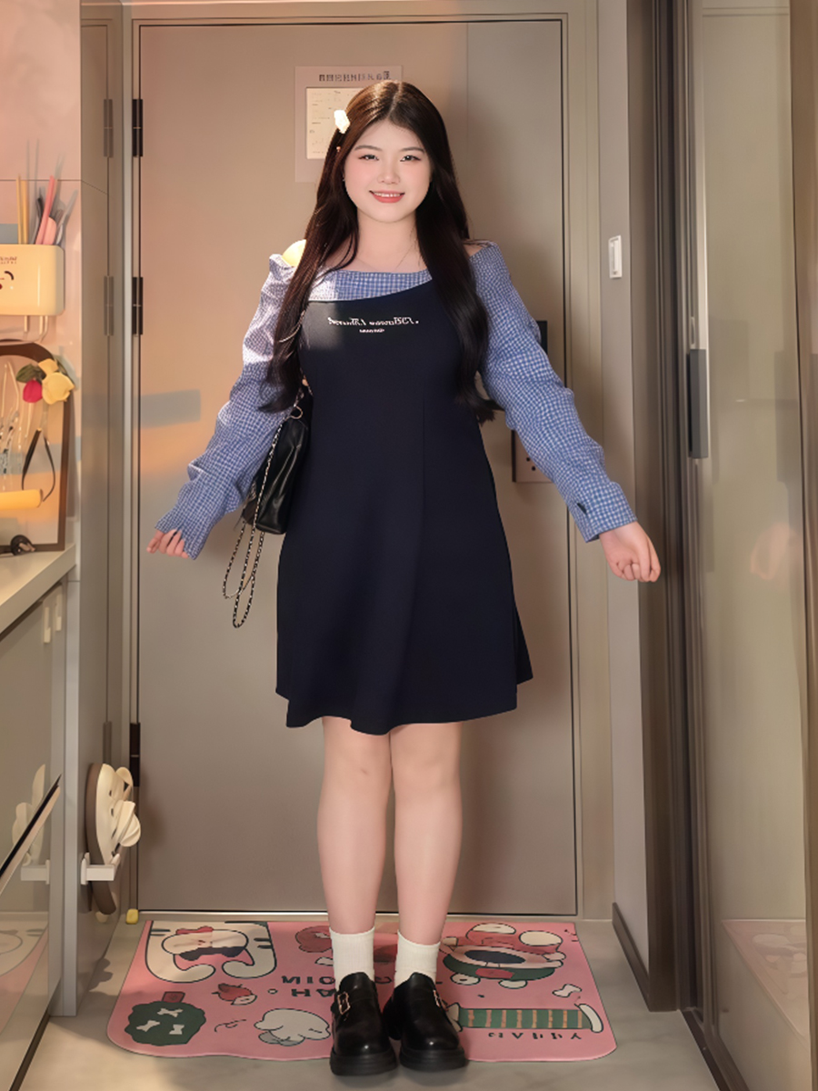 Plus-Size Women's College Style Off-Shoulder Two-Piece Dress, Spring Slimming Design for Curvy Figures, Trendy Niche Fashion Plus-Size Women's College Style Off-Shoulder Two-Piece Dress, Spring Slimming Design for Curvy Figures, Trendy Niche Fashion