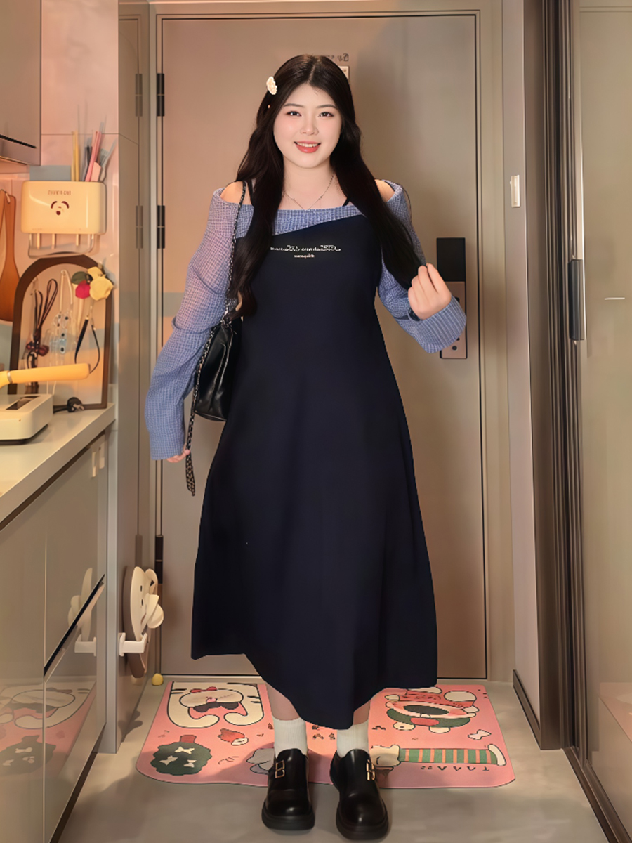 Plus-Size Women's College Style Off-Shoulder Two-Piece Dress, Spring Slimming Design for Curvy Figures, Trendy Niche Fashion Plus-Size Women's College Style Off-Shoulder Two-Piece Dress, Spring Slimming Design for Curvy Figures, Trendy Niche Fashion