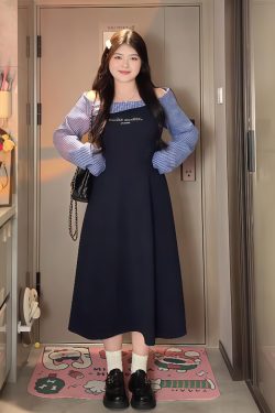 Plus-Size Women's College Style Off-Shoulder Two-Piece Dress, Spring Slimming Design for Curvy Figures, Trendy Niche Fashion