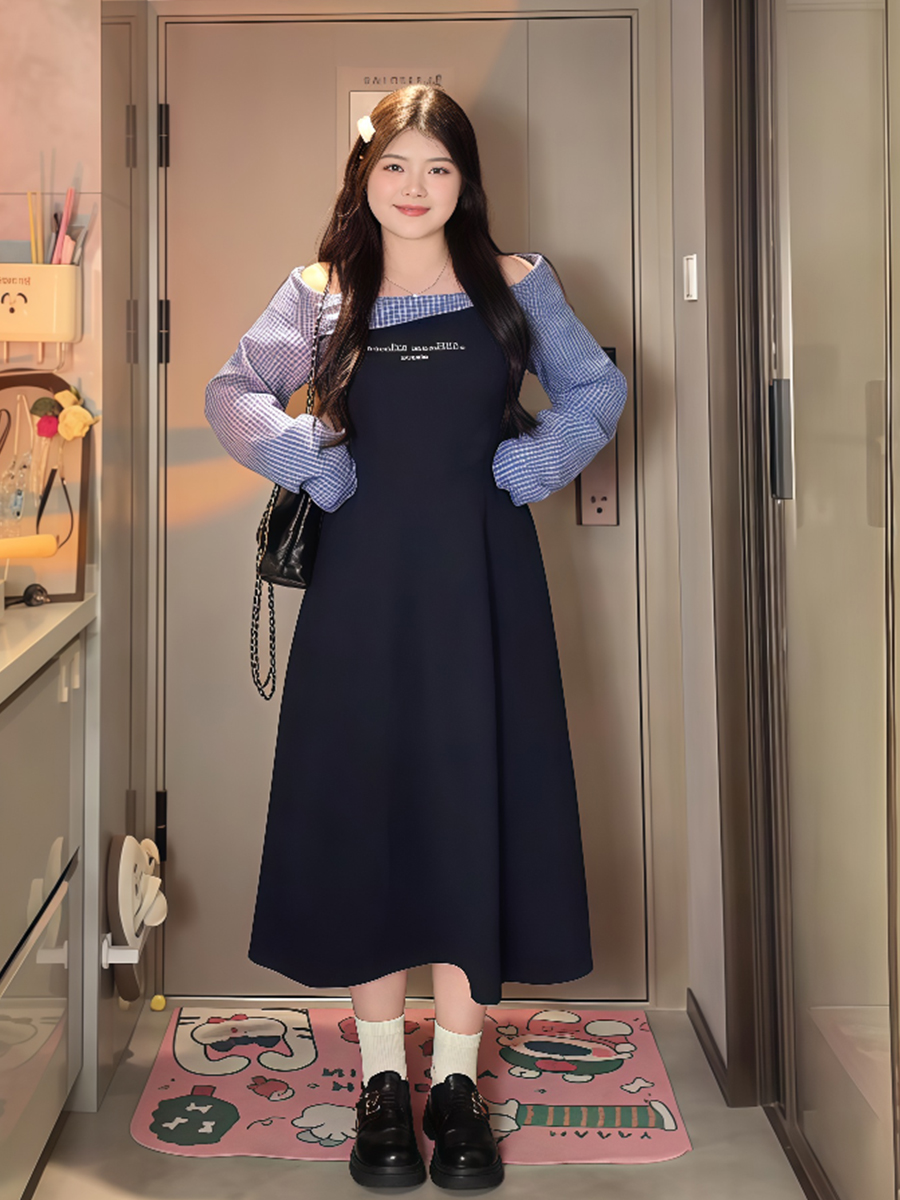 Plus-Size Women's College Style Off-Shoulder Two-Piece Dress, Spring Slimming Design for Curvy Figures, Trendy Niche Fashion Plus-Size Women's College Style Off-Shoulder Two-Piece Dress, Spring Slimming Design for Curvy Figures, Trendy Niche Fashion