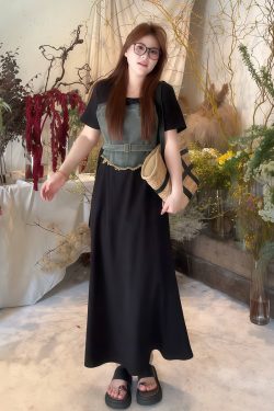 Plus-Size Women's Elegant Patchwork Denim Belt Dress - Flattering Long Summer Dress for Curvy Figures