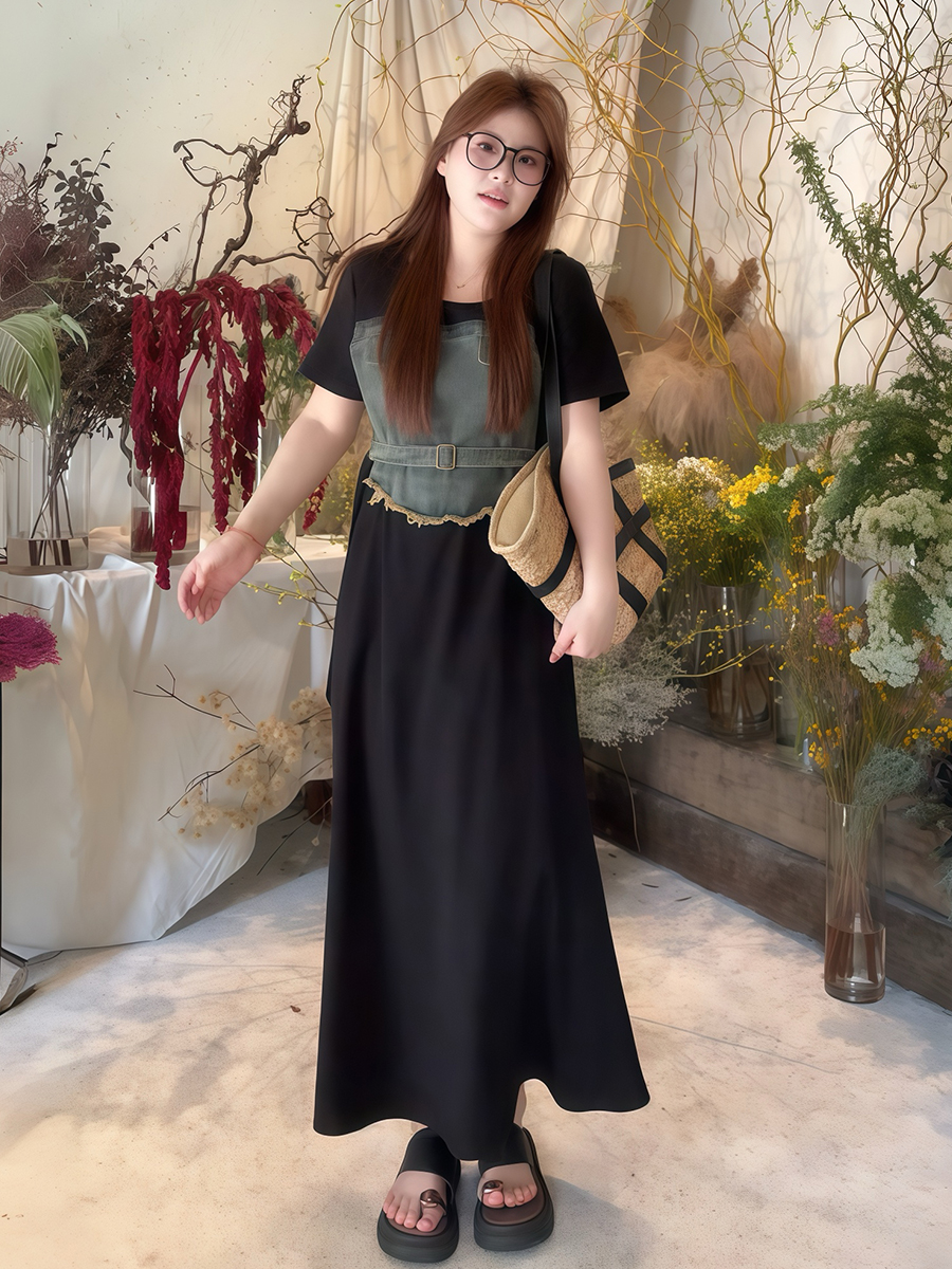 Plus-Size Women's Elegant Patchwork Denim Belt Dress - Flattering Long Summer Dress for Curvy Figures Plus-Size Women's Elegant Patchwork Denim Belt Dress - Flattering Long Summer Dress for Curvy Figures