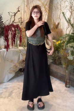 Plus-Size Women's Elegant Patchwork Denim Belt Dress - Flattering Long Summer Dress for Curvy Figures