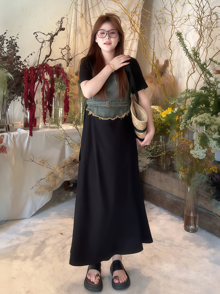 Plus-Size Women's Elegant Patchwork Denim Belt Dress - Flattering Long Summer Dress for Curvy Figures Plus-Size Women's Elegant Patchwork Denim Belt Dress - Flattering Long Summer Dress for Curvy Figures