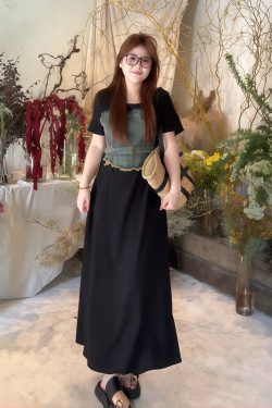 Plus-Size Women's Elegant Patchwork Denim Belt Dress - Flattering Long Summer Dress for Curvy Figures