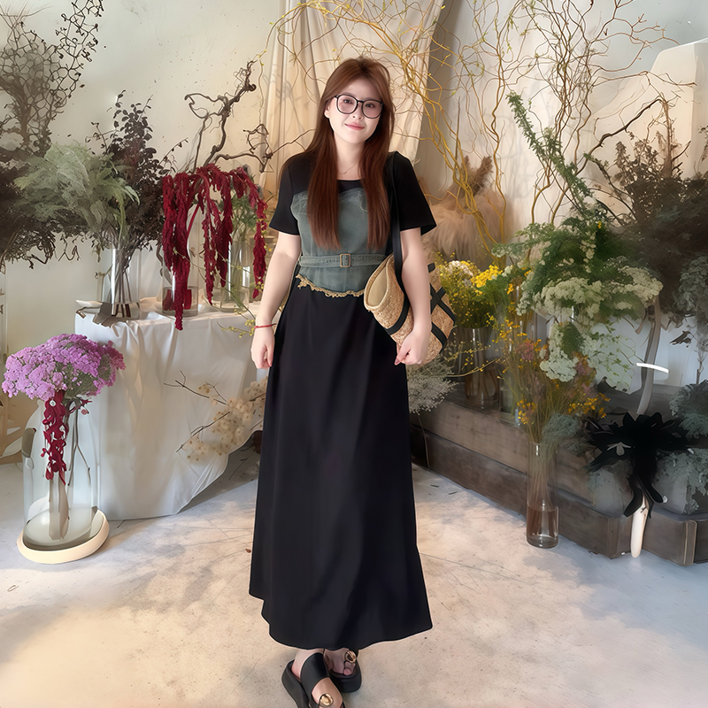 Plus-Size Women's Elegant Patchwork Denim Belt Dress - Flattering Long Summer Dress for Curvy Figures Plus-Size Women's Elegant Patchwork Denim Belt Dress - Flattering Long Summer Dress for Curvy Figures