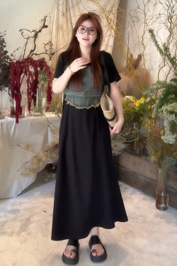 Plus-Size Women's Elegant Patchwork Denim Belt Dress - Flattering Long Summer Dress for Curvy Figures