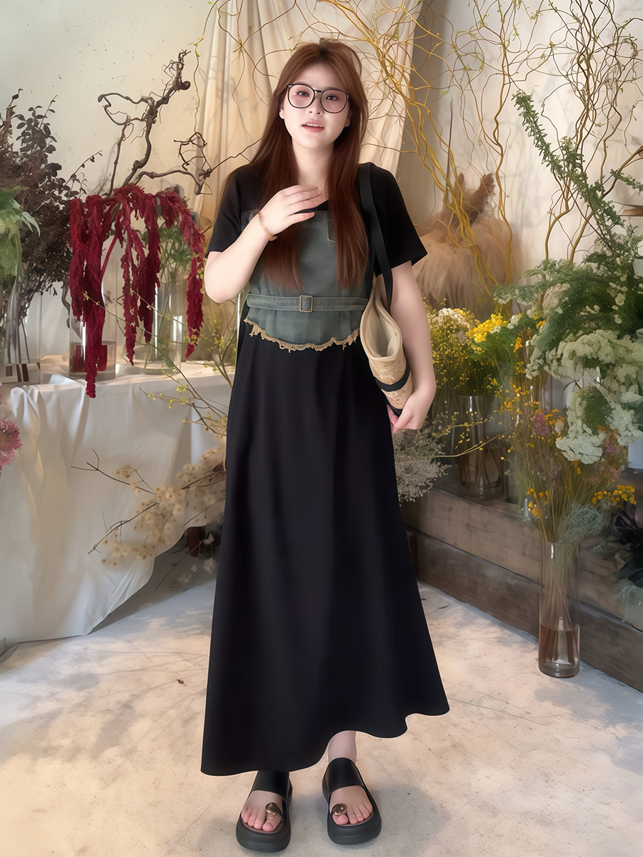 Plus-Size Women's Elegant Patchwork Denim Belt Dress - Flattering Long Summer Dress for Curvy Figures Plus-Size Women's Elegant Patchwork Denim Belt Dress - Flattering Long Summer Dress for Curvy Figures