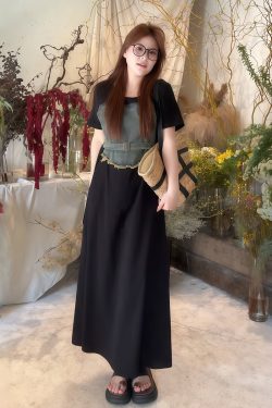 Plus-Size Women's Elegant Patchwork Denim Belt Dress - Flattering Long Summer Dress for Curvy Figures