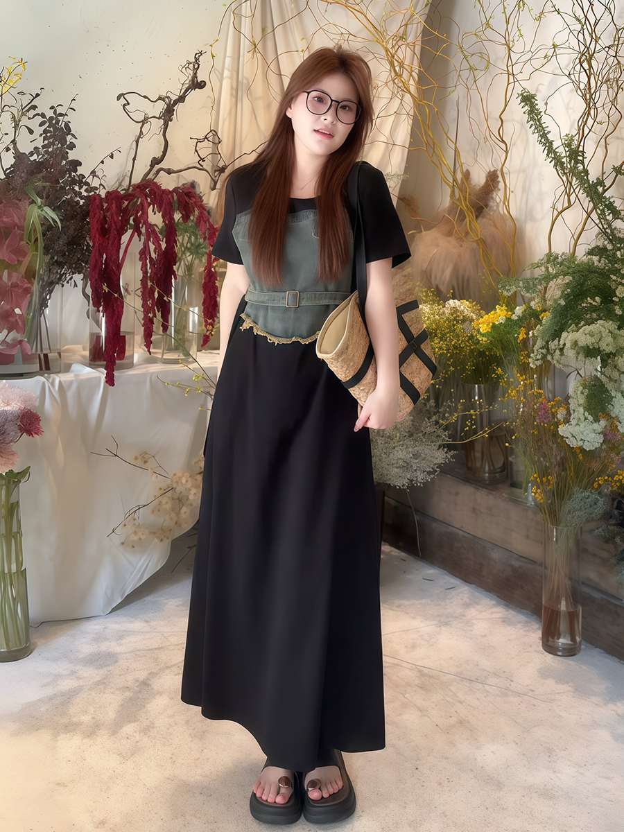 Plus-Size Women's Elegant Patchwork Denim Belt Dress - Flattering Long Summer Dress for Curvy Figures Plus-Size Women's Elegant Patchwork Denim Belt Dress - Flattering Long Summer Dress for Curvy Figures