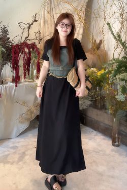 Plus-Size Women's Elegant Patchwork Denim Belt Dress - Flattering Long Summer Dress for Curvy Figures