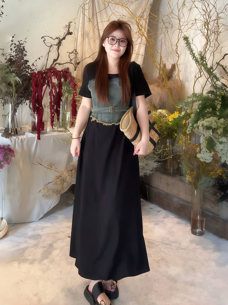 Plus-Size Women's Elegant Patchwork Denim Belt Dress - Flattering Long Summer Dress for Curvy Figures Plus-Size Women's Elegant Patchwork Denim Belt Dress - Flattering Long Summer Dress for Curvy Figures