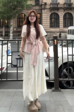 Plus-Size Women's Faux Two-Piece Spliced Top and Flower Bud Skirt Set - Elegant Slim-Fit Summer Fashion