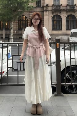 Plus-Size Women's Faux Two-Piece Spliced Top and Flower Bud Skirt Set - Elegant Slim-Fit Summer Fashion