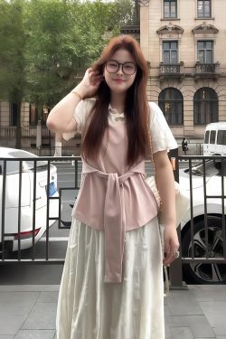 Plus-Size Women's Faux Two-Piece Spliced Top and Flower Bud Skirt Set - Elegant Slim-Fit Summer Fashion