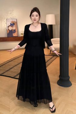 Plus-Size Women's French-Style Pleated Camisole Dress with Long Sleeve Cardigan Set - Summer Cover-Up for Curvy Fashion