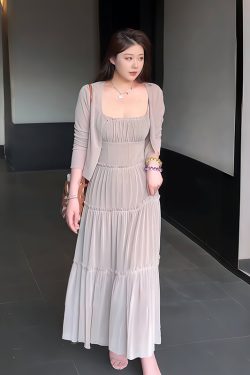 Plus-Size Women's French-Style Pleated Camisole Dress with Long Sleeve Cardigan Set - Summer Cover-Up for Curvy Fashion