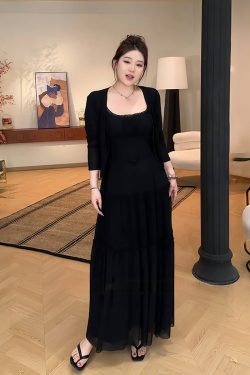 Plus-Size Women's French-Style Pleated Camisole Dress with Long Sleeve Cardigan Set - Summer Cover-Up for Curvy Fashion