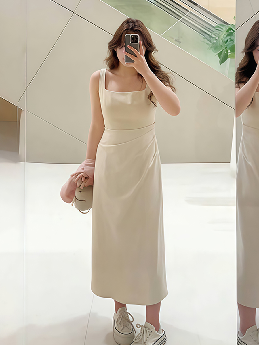 Plus-Size Women's French-Style Pleated Waist Camisole Dress & Cover-Up Set - Slimming Summer Fashionable Two-Piece for Curvy Style Plus-Size Women's French-Style Pleated Waist Camisole Dress & Cover-Up Set - Slimming Summer Fashionable Two-Piece for Curvy Style