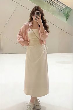 Plus-Size Women's French-Style Pleated Waist Camisole Dress & Cover-Up Set - Slimming Summer Fashionable Two-Piece for Curvy Style