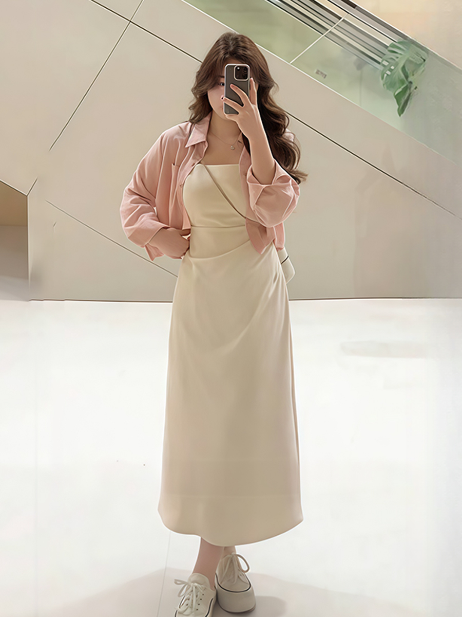 Plus-Size Women's French-Style Pleated Waist Camisole Dress & Cover-Up Set - Slimming Summer Fashionable Two-Piece for Curvy Style Plus-Size Women's French-Style Pleated Waist Camisole Dress & Cover-Up Set - Slimming Summer Fashionable Two-Piece for Curvy Style