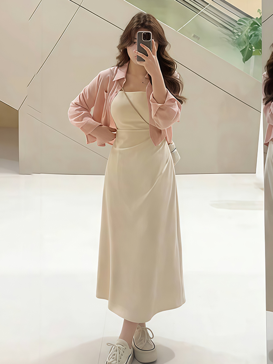 Plus-Size Women's French-Style Pleated Waist Camisole Dress & Cover-Up Set - Slimming Summer Fashionable Two-Piece for Curvy Style Plus-Size Women's French-Style Pleated Waist Camisole Dress & Cover-Up Set - Slimming Summer Fashionable Two-Piece for Curvy Style