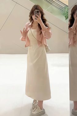 Plus-Size Women's French-Style Pleated Waist Camisole Dress & Cover-Up Set - Slimming Summer Fashionable Two-Piece for Curvy Style