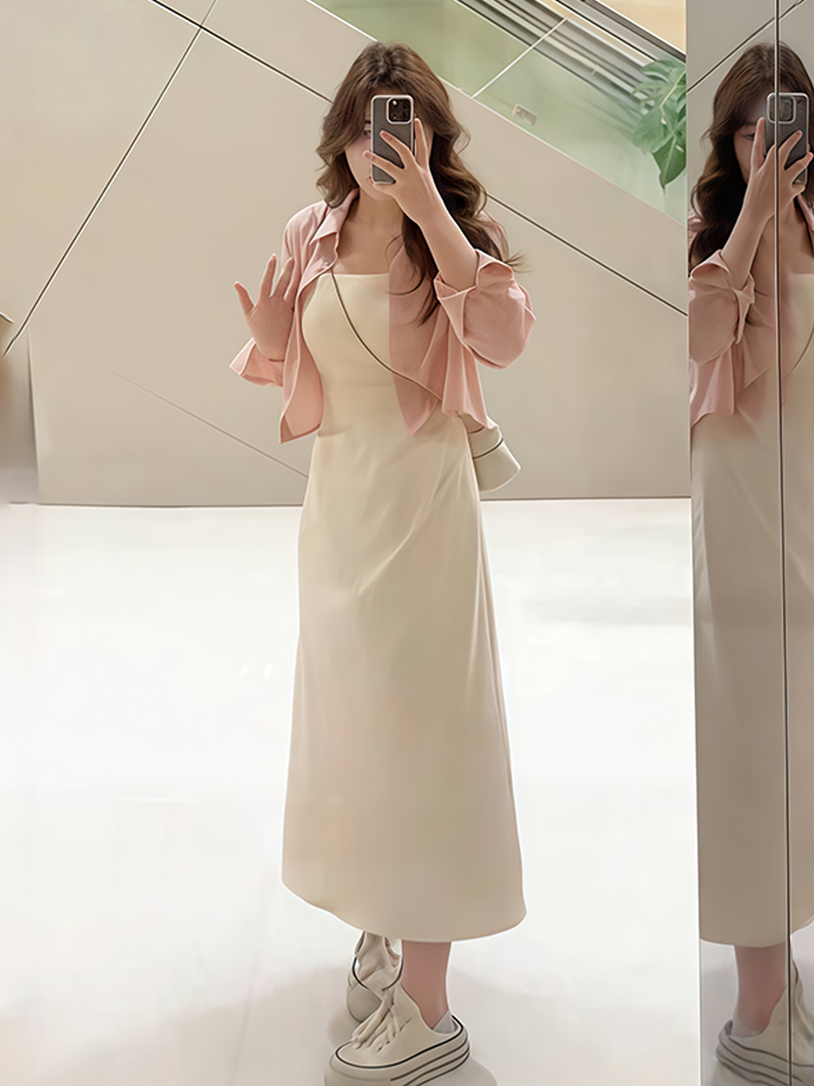 Plus-Size Women's French-Style Pleated Waist Camisole Dress & Cover-Up Set - Slimming Summer Fashionable Two-Piece for Curvy Style Plus-Size Women's French-Style Pleated Waist Camisole Dress & Cover-Up Set - Slimming Summer Fashionable Two-Piece for Curvy Style