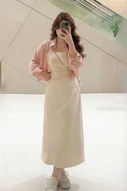 Plus-Size Women's French-Style Pleated Waist Camisole Dress & Cover-Up Set - Slimming Summer Fashionable Two-Piece for Curvy Style