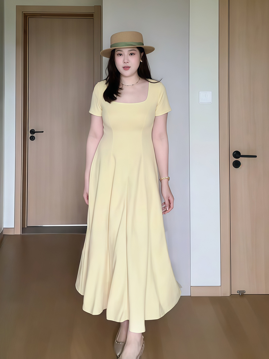 Plus-Size Women's French-Style Square-Neck Short Sleeve Dress - Flattering A-Line Design for Curvy Figures - Summer Essential Plus-Size Women's French-Style Square-Neck Short Sleeve Dress - Flattering A-Line Design for Curvy Figures - Summer Essential