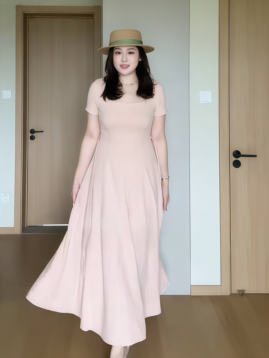 Plus-Size Women's French-Style Square-Neck Short Sleeve Dress - Flattering A-Line Design for Curvy Figures - Summer Essential Plus-Size Women's French-Style Square-Neck Short Sleeve Dress - Flattering A-Line Design for Curvy Figures - Summer Essential